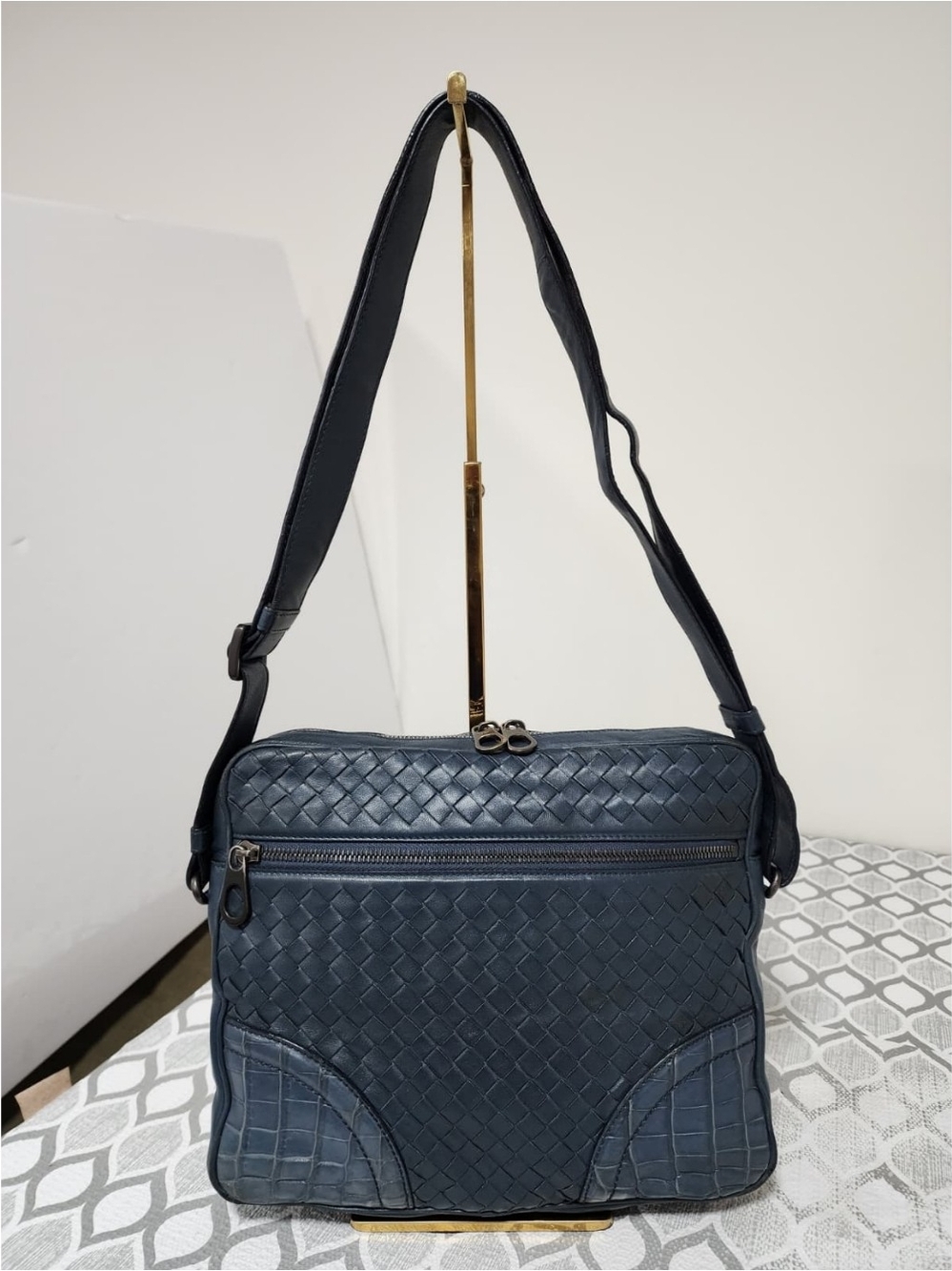 Bottega Veneta Intrecciato Shoulder Bag Navy Blue